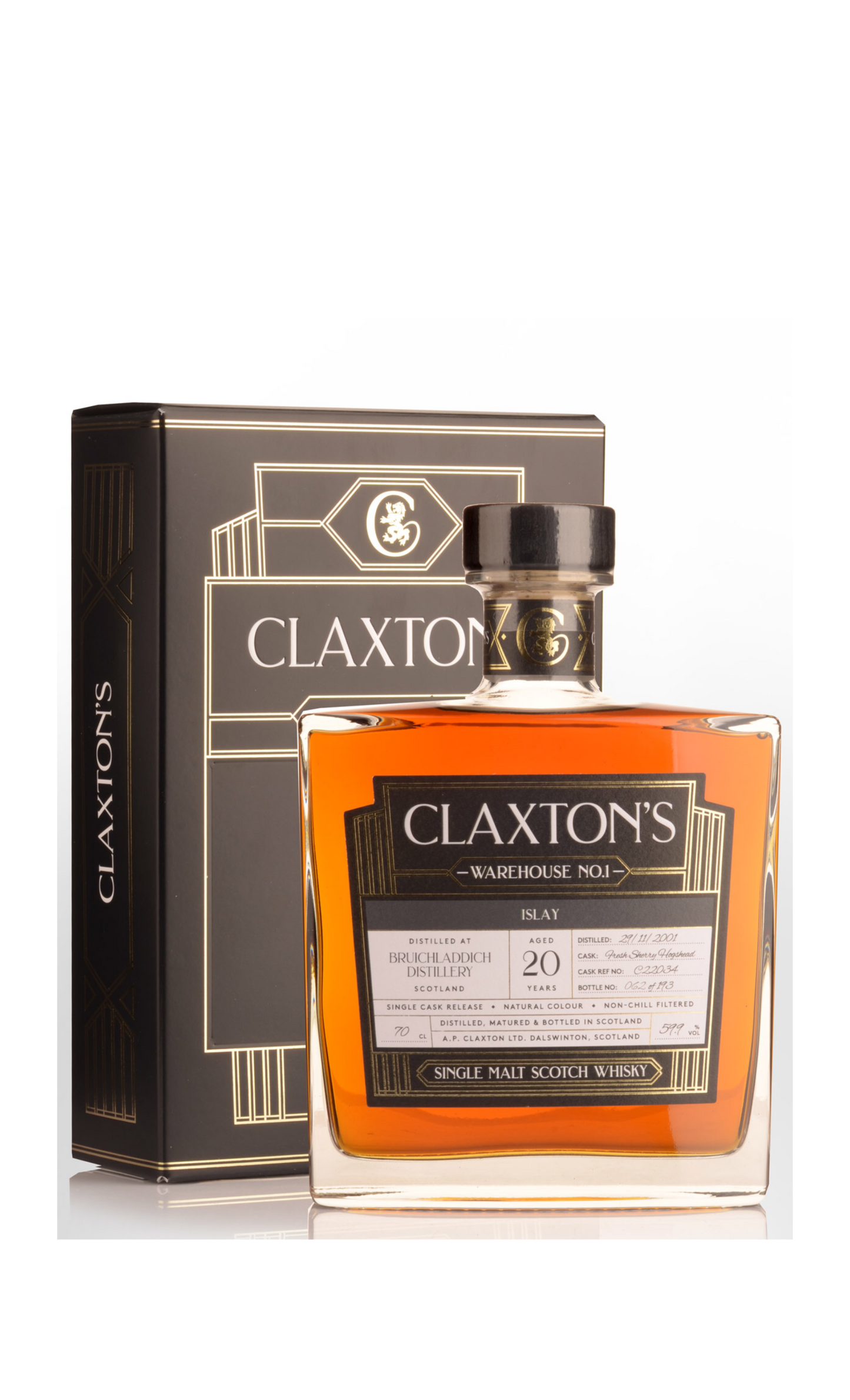 Bruichladdich 2001 20yo Warehouse 1 Claxton's with presentation box